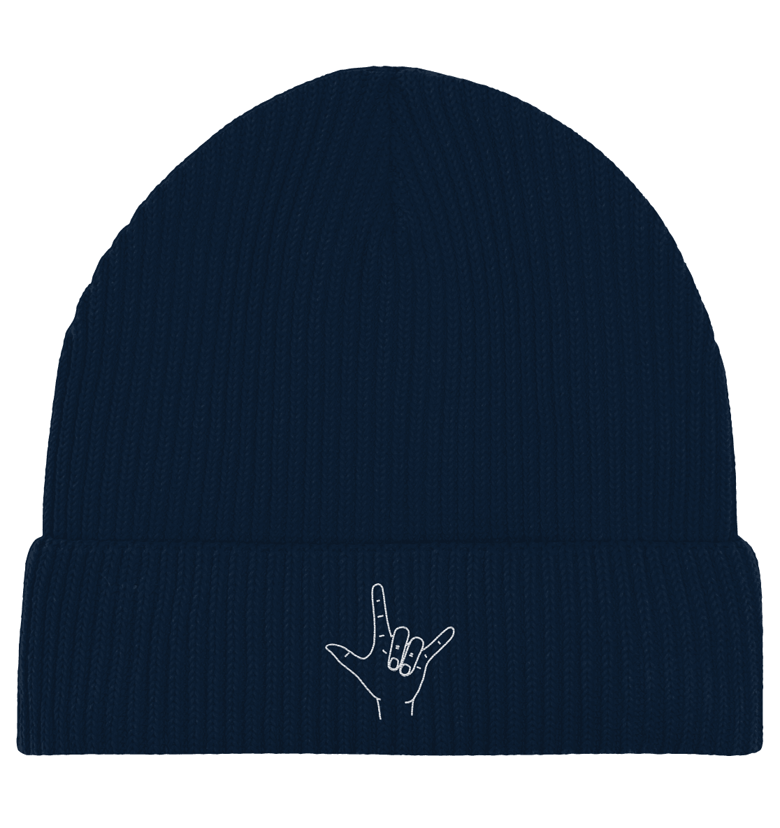 I Love You (Gebärde) - Stick / Weiß - Organic Fisherman Beanie - Weggefährten Mindset