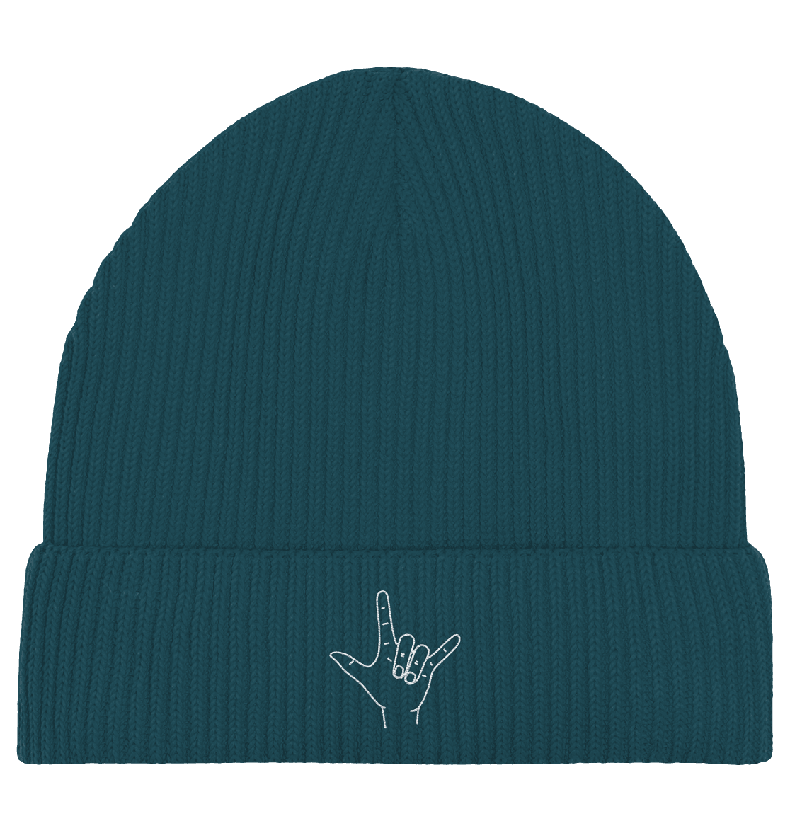I Love You (Gebärde) - Stick / Weiß - Organic Fisherman Beanie - Weggefährten Mindset