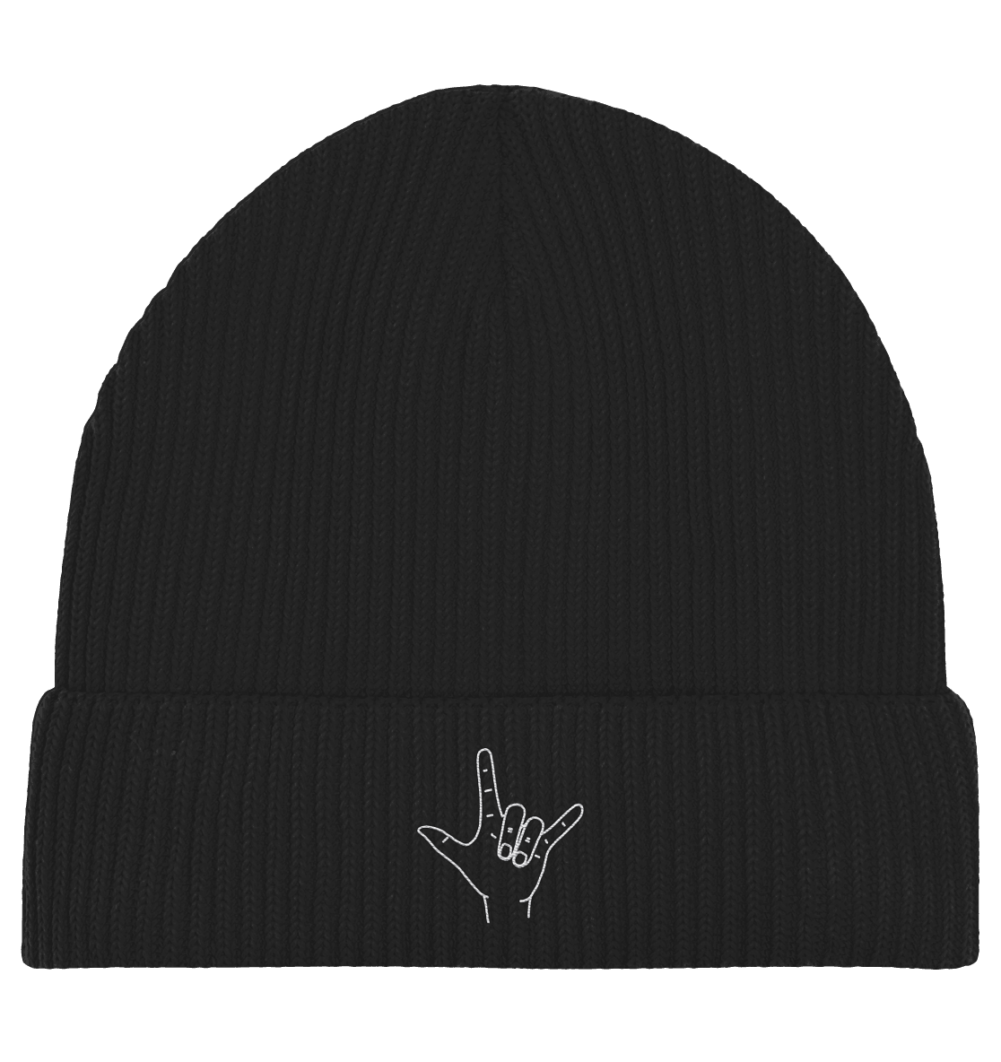 I Love You (Gebärde) - Stick / Weiß - Organic Fisherman Beanie - Weggefährten Mindset