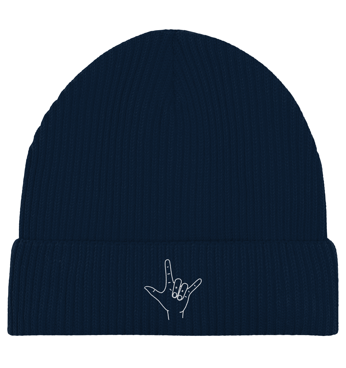 I Love You (Gebärde) - Stick / Weiß - Organic Fisherman Beanie