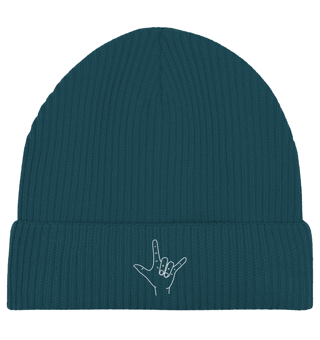 I Love You (Gebärde) - Stick / Weiß - Organic Fisherman Beanie