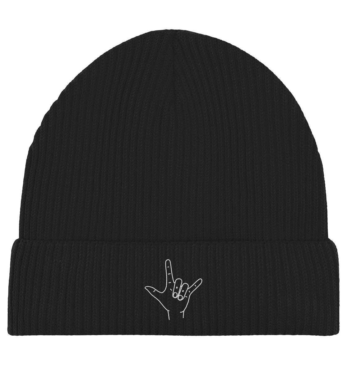 I Love You (Gebärde) - Stick / Weiß - Organic Fisherman Beanie