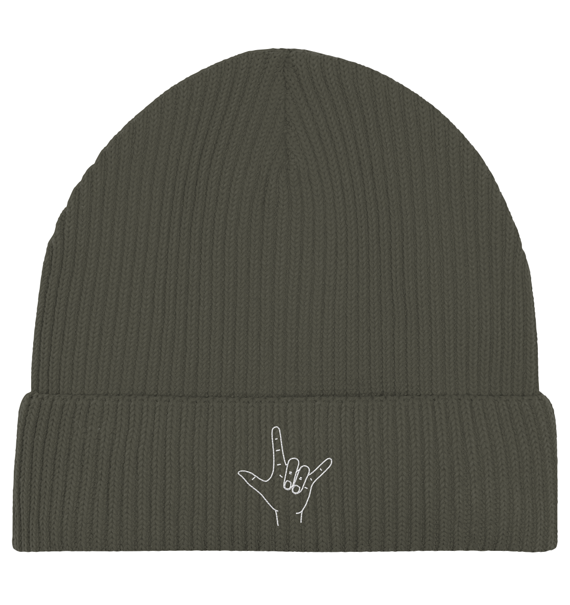 I Love You (Gebärde) - Stick / Weiß - Organic Fisherman Beanie